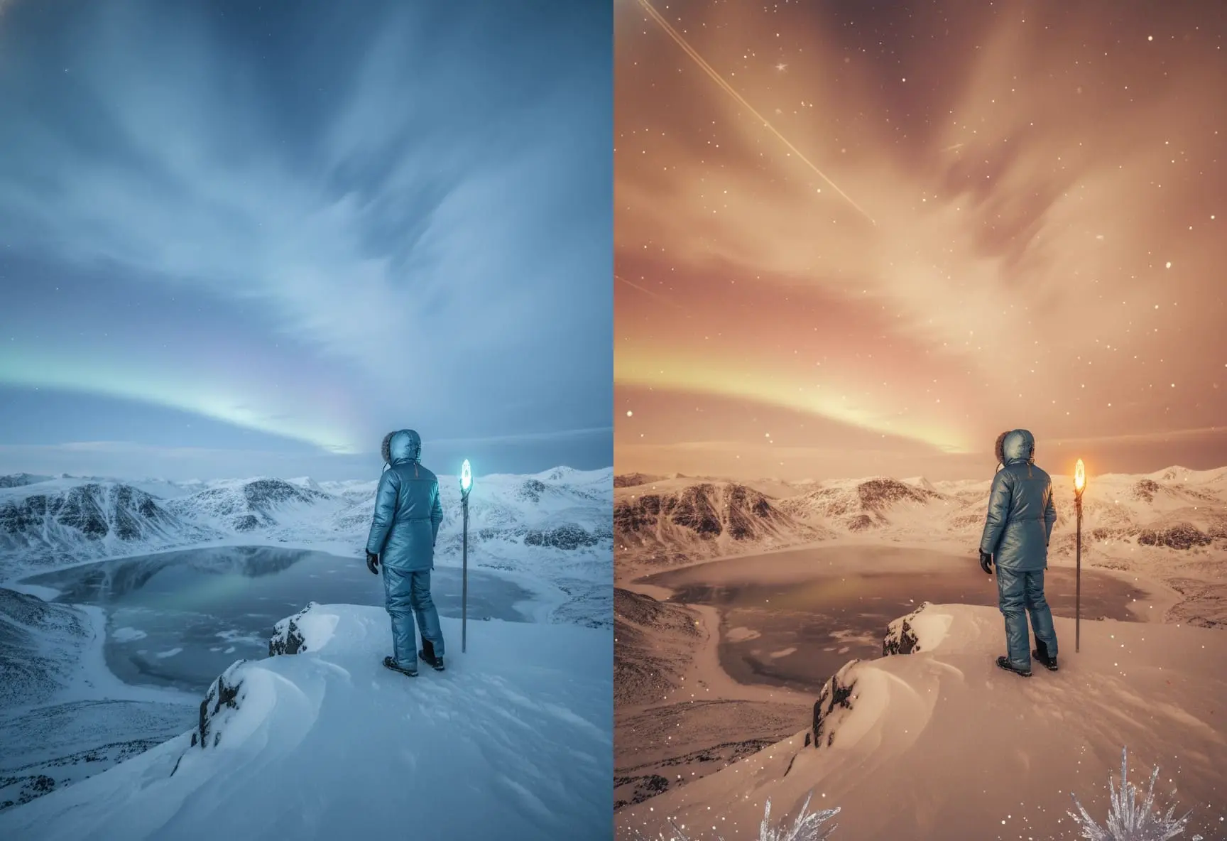 Comparación de una escena nevada con una persona antes y después de cambiar de tonos fríos a cálidos
