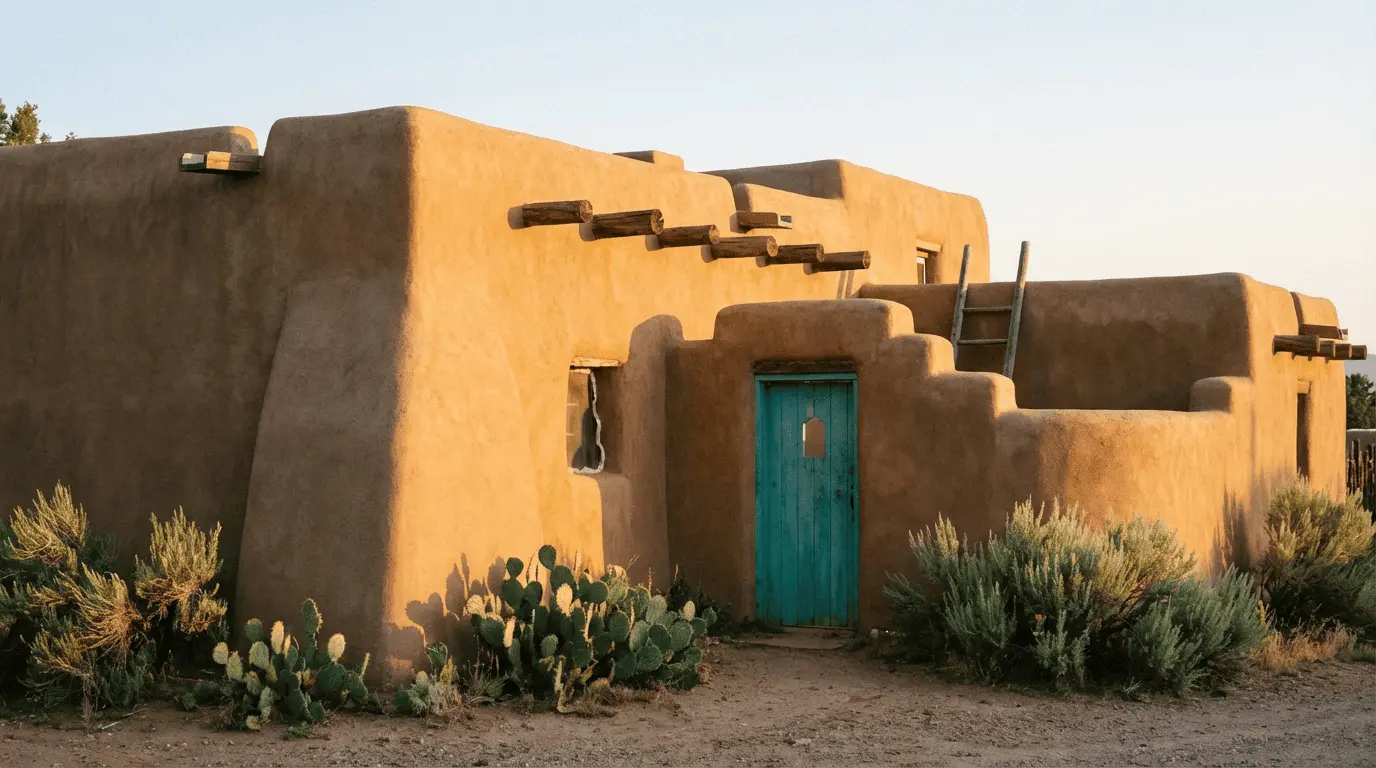 Ejemplo de una casa de estilo desértico rodeada de cactus bajo la luz del sol