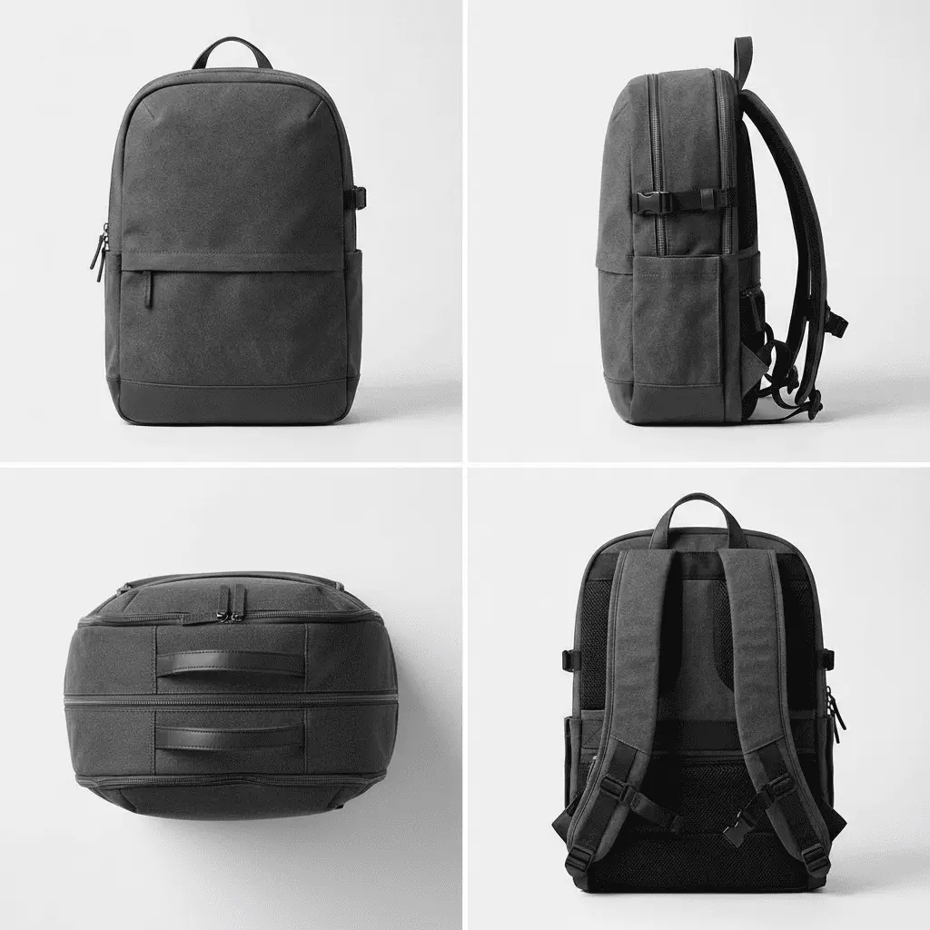 Una mochila negra vista de frente, de lado, desde abajo y por detrás
