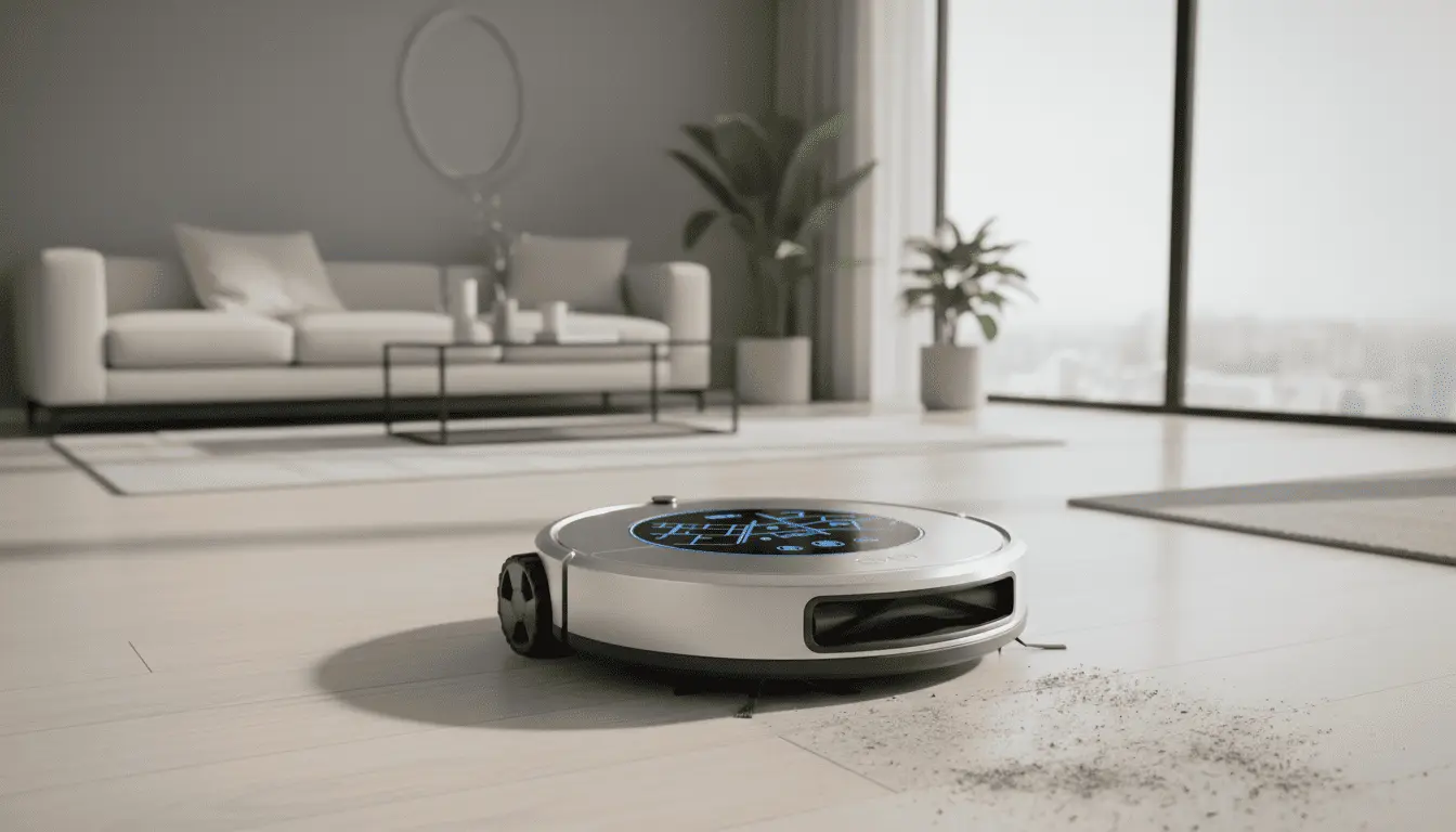 Ejemplo de un robot aspirador presentado en un salón luminoso