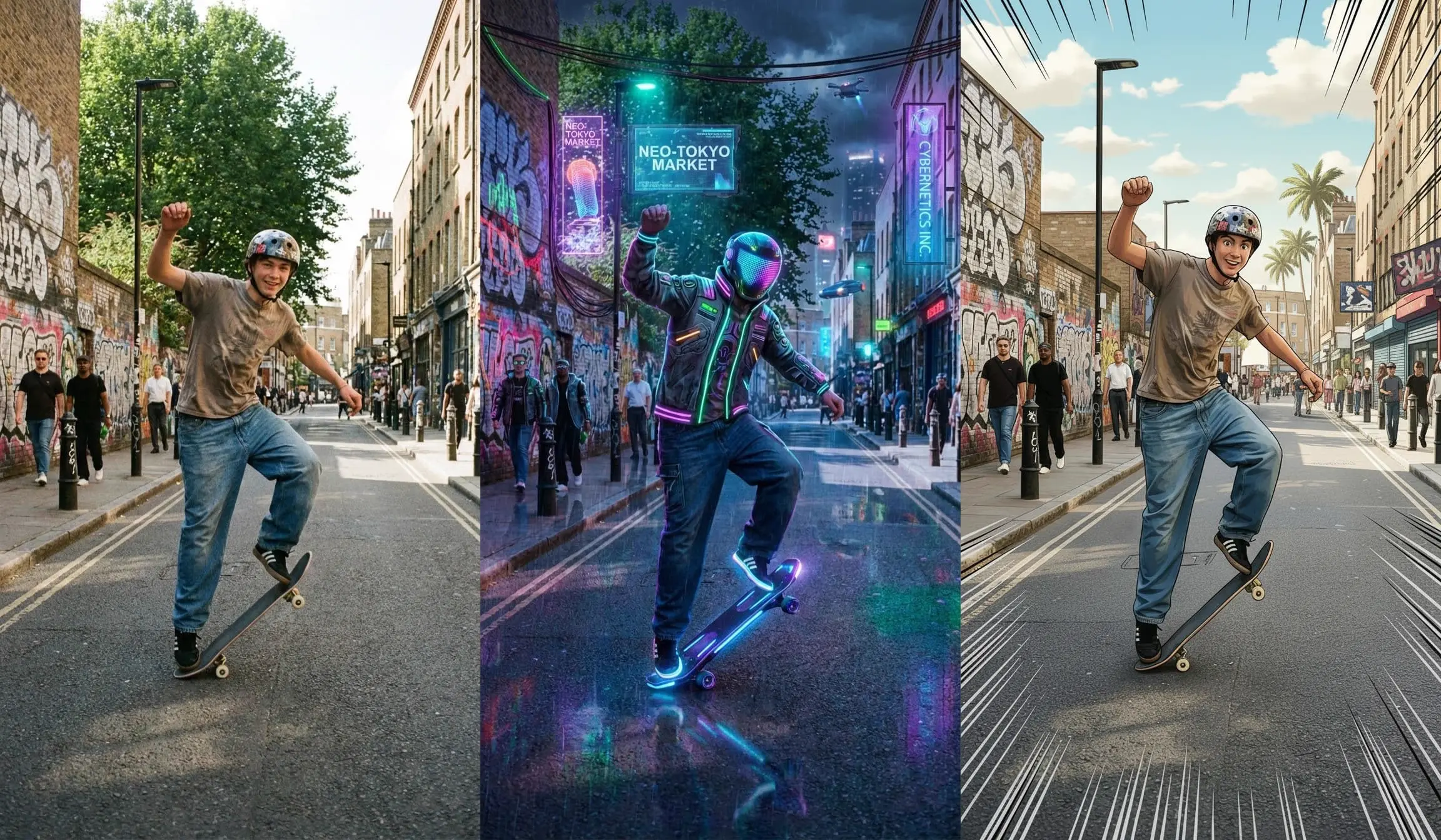 Una persona en la calle representada con estilos fotográfico, de neón e ilustrado