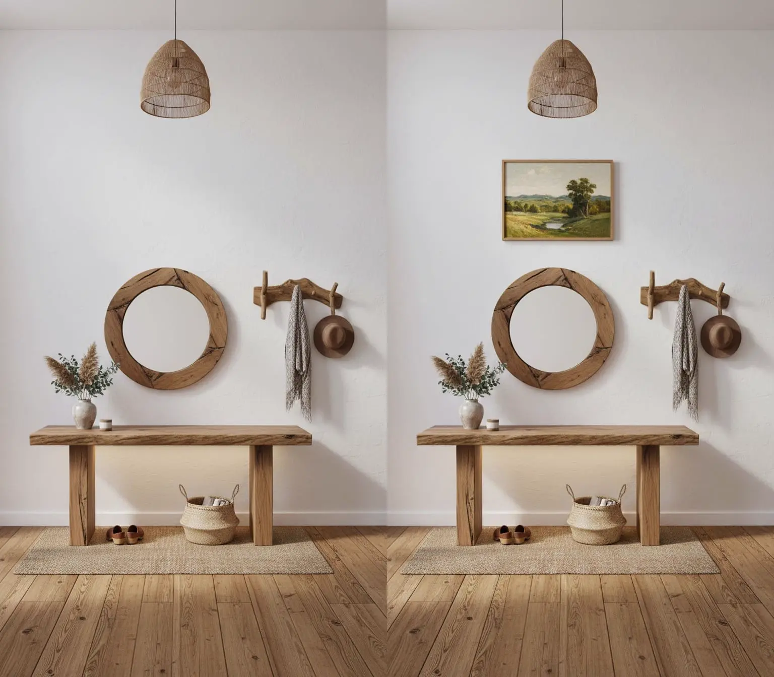 Comparación de una foto de interior antes y después de añadir un cuadro a la pared