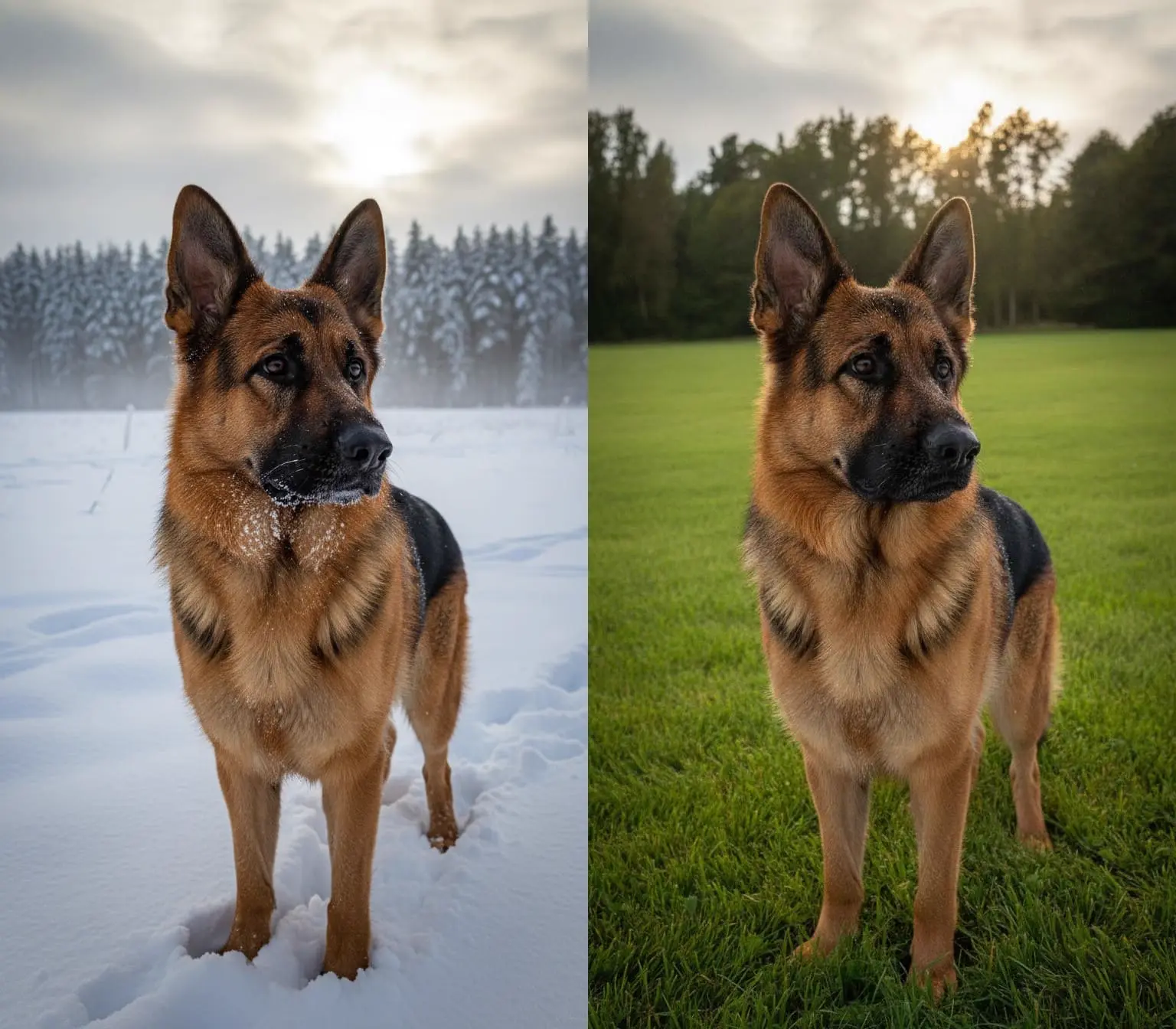 Un perro en un entorno nevado y en un paisaje de césped