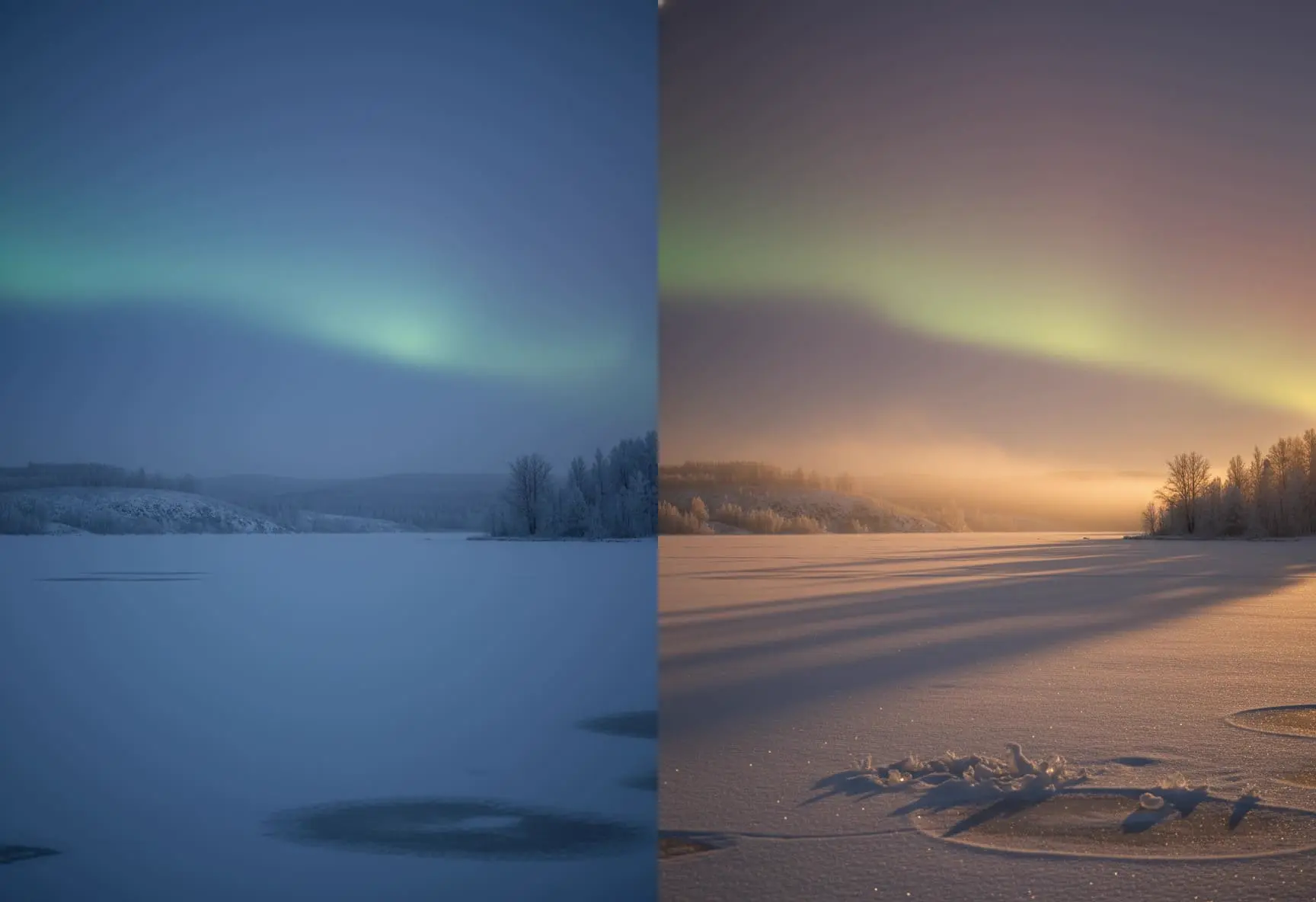 Comparación de una aurora sobre la nieve en tonos azules y con luz cálida de mañana