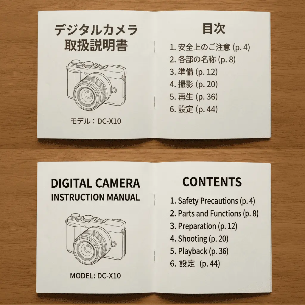 Instrucciones de una cámara traducidas del japonés al inglés