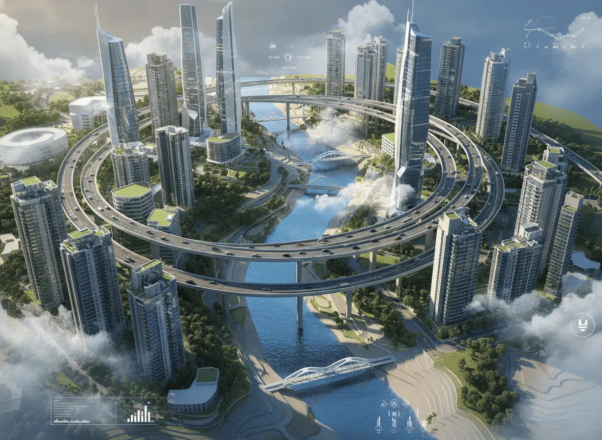 Ilustración de una ciudad futurista rodeada de nubes