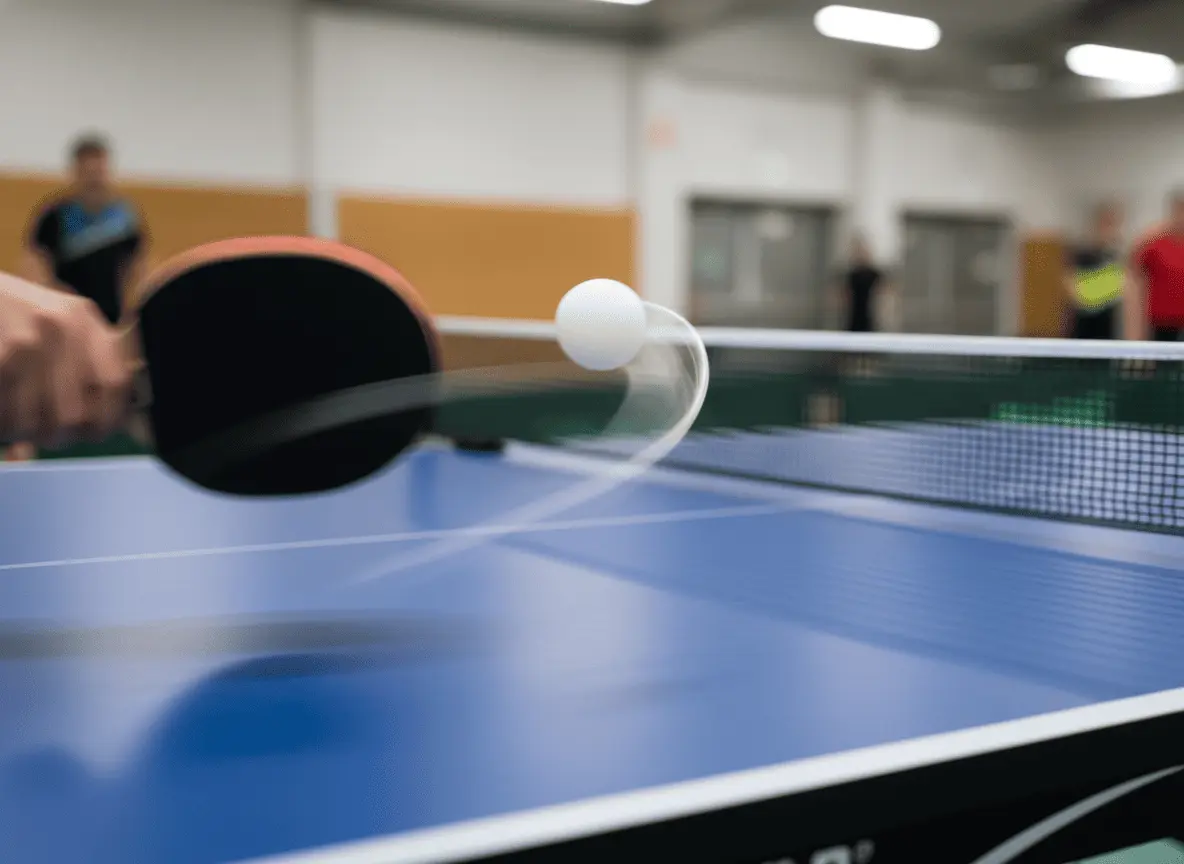 Concepto de trayectoria de una pelota de tenis de mesa y toma cercana