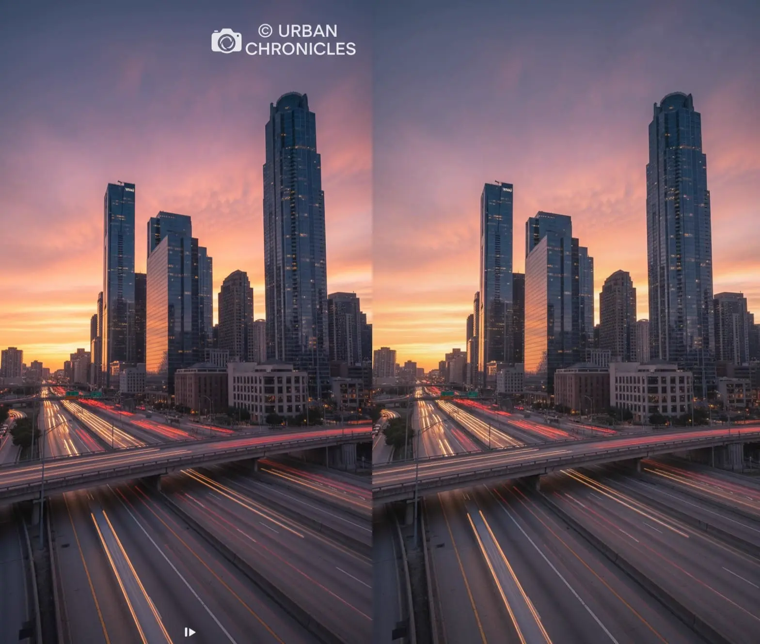Ilustración del antes y después de procesar un logotipo en una toma urbana